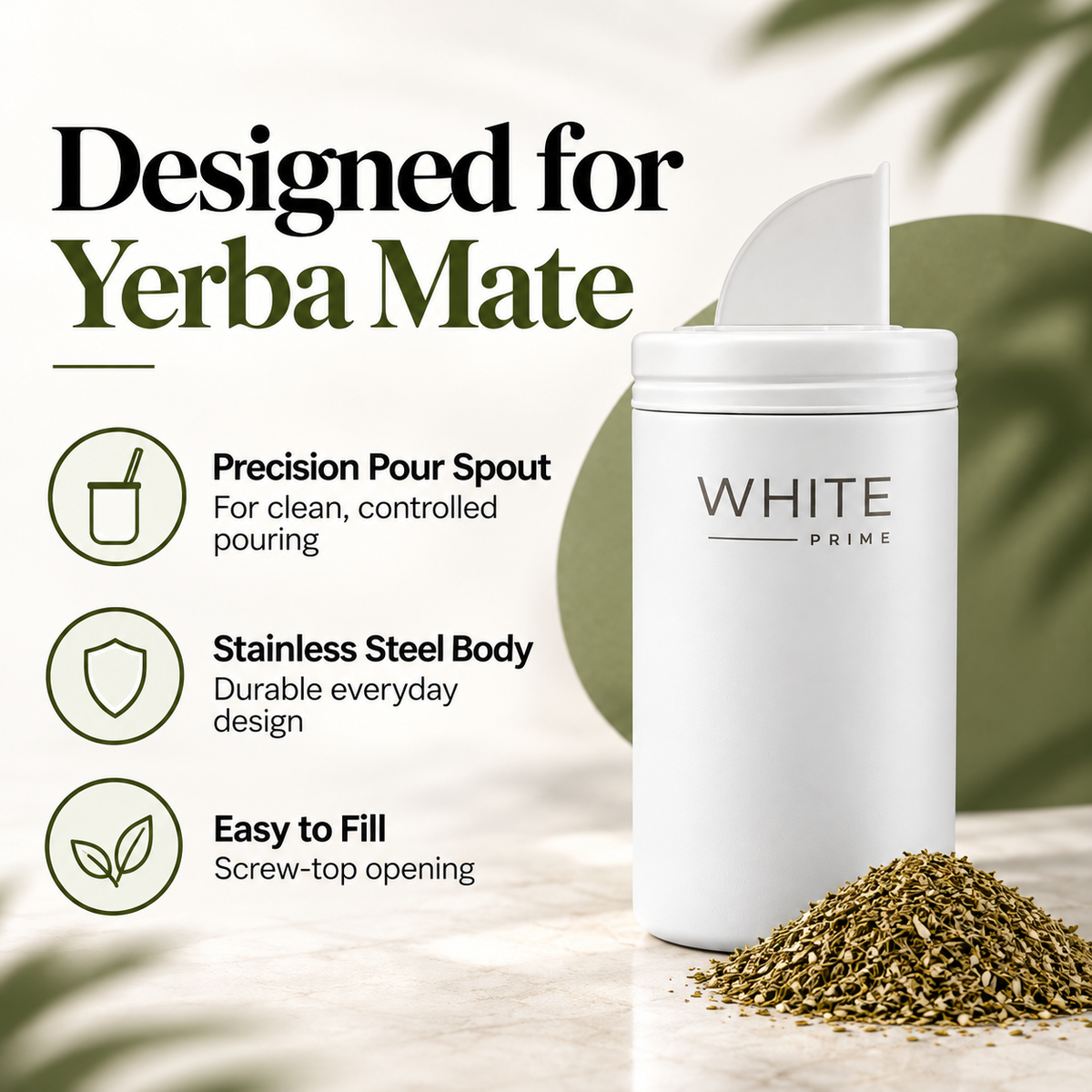WHITE Prime Multipurpose Yerba Mate Container 20 oz | Yerbero with Spout