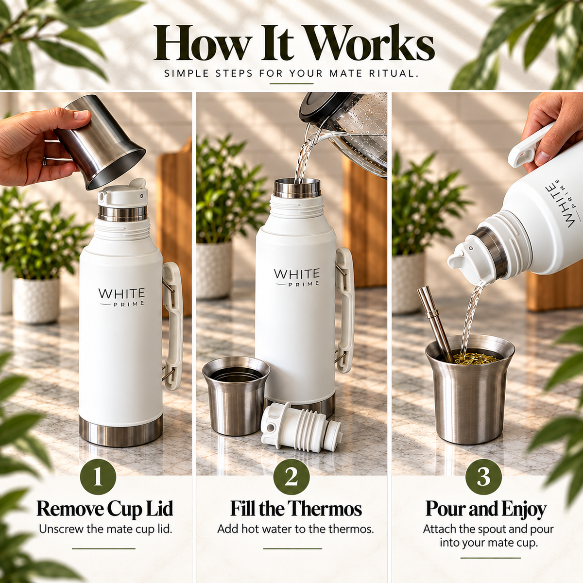 WHITE Prime All-in-One 1.2L Yerba Mate Thermos | Mate Cup Lid & Bombilla