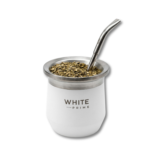 Yerba Mate Cup with Curved Bombilla – 8oz Stainless Steel Double Wall Insulated Mate Gourd for Yerba Mate Tea | Free Yerba Mate Sample | WHITE Prime
