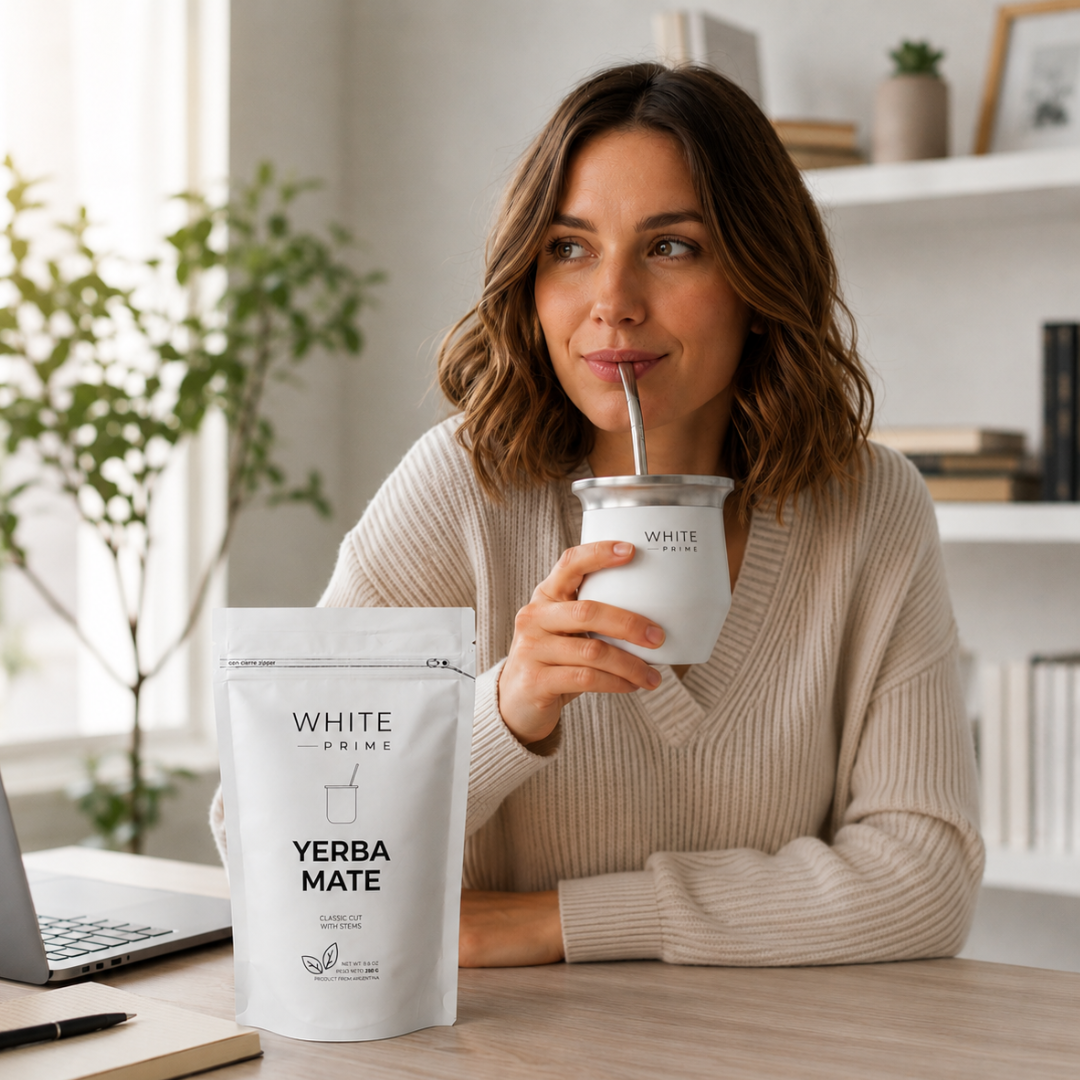 Woman drinking from a White Yerba Mate cup with a package of White Yerba Mate on a desk.