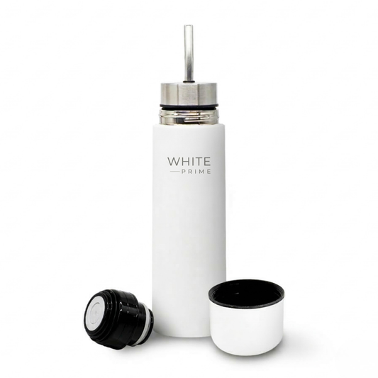 White insulated 2-in-1 yerba mate thermos with bombilla lid. Mate Listo
