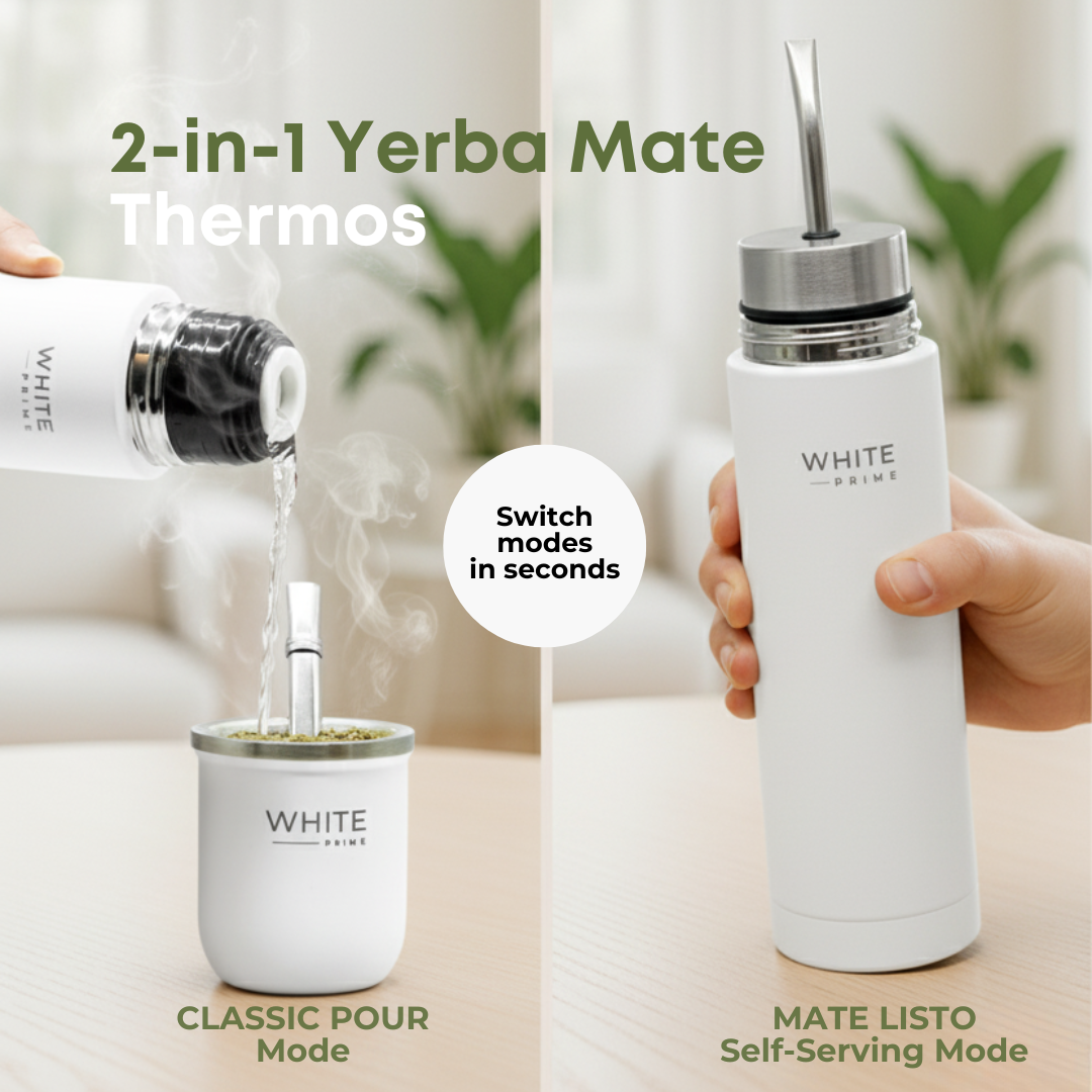 2-in-1 yerba mate thermos showing classic pour mode and Mate Listo self-serving mode