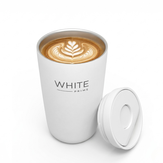 WHITE Prime 12 oz insulated stainless steel coffee mug with push button lid