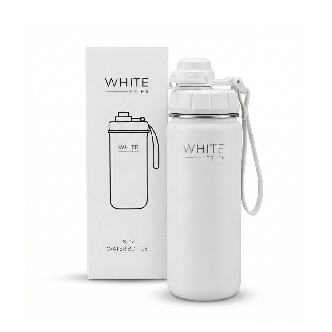 WHITE Prime 18 oz insulated stainless steel water bottle with leak proof lid