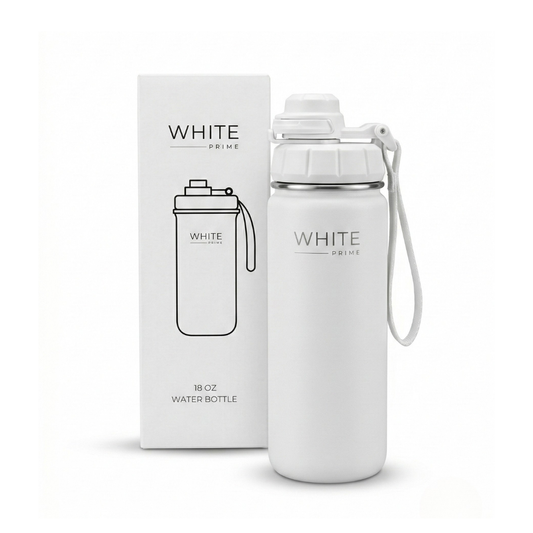 WHITE Prime 18 oz insulated stainless steel water bottle with leak proof lid