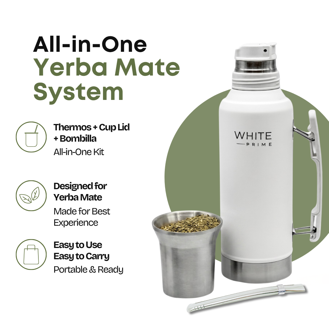 Infographic showing the WHITE Prime all in one yerba mate system