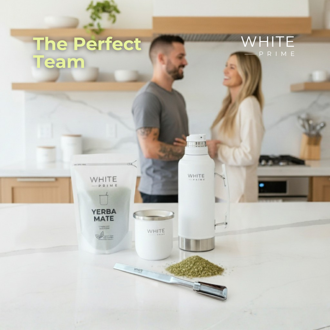 Woman preparing yerba mate using WHITE Prime stainless steel bombilla