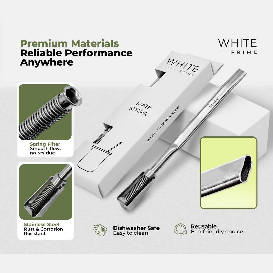 Infographic showing WHITE Prime stainless steel bombilla spring filter features