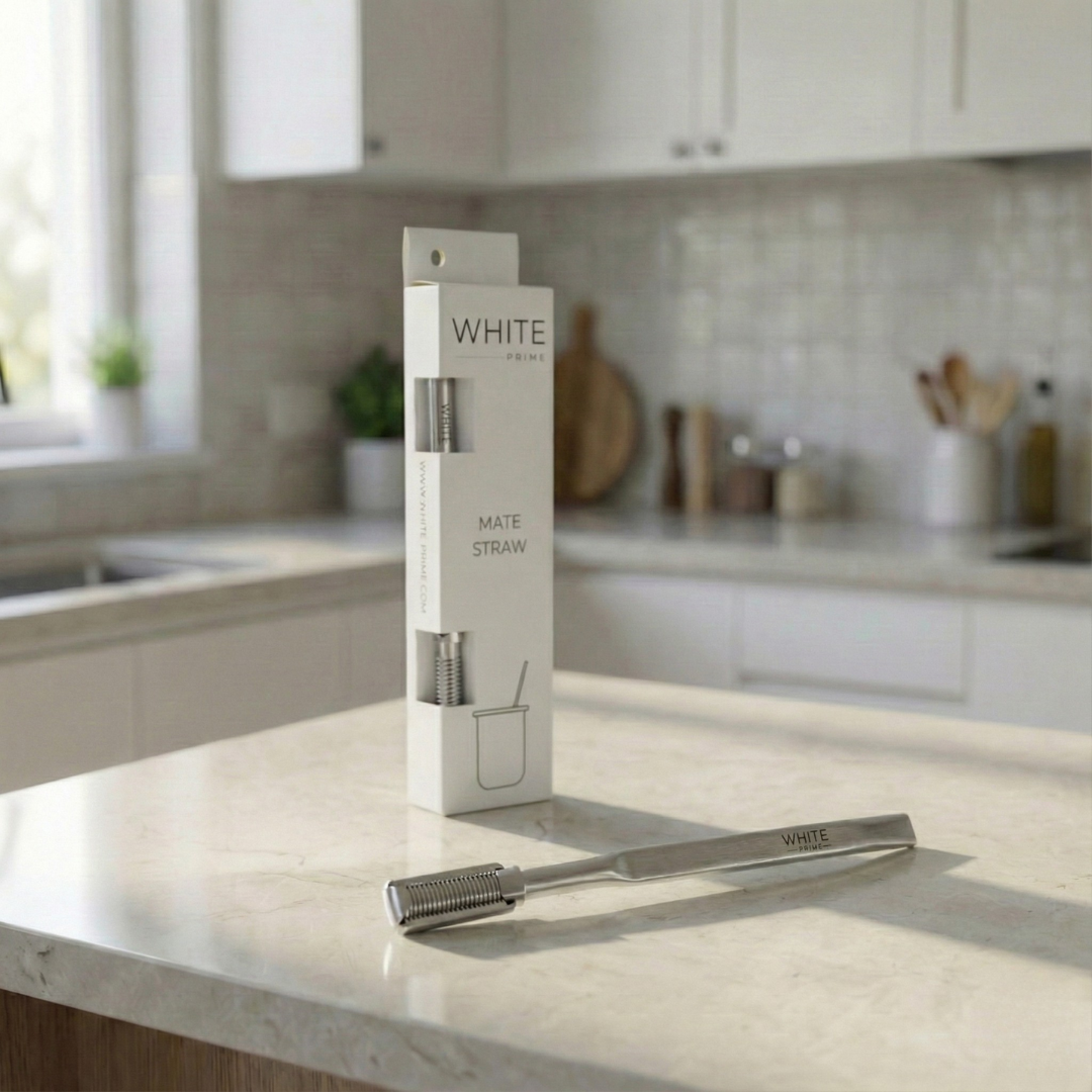 WHITE Prime stainless steel bombilla displayed in a modern kitchen