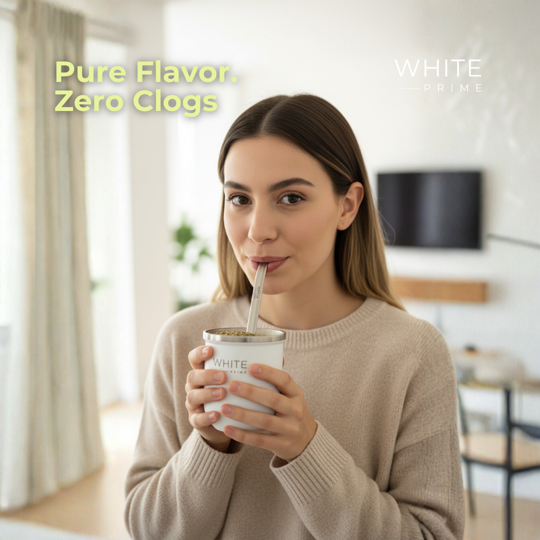 Woman drinking yerba mate with WHITE Prime stainless steel bombilla