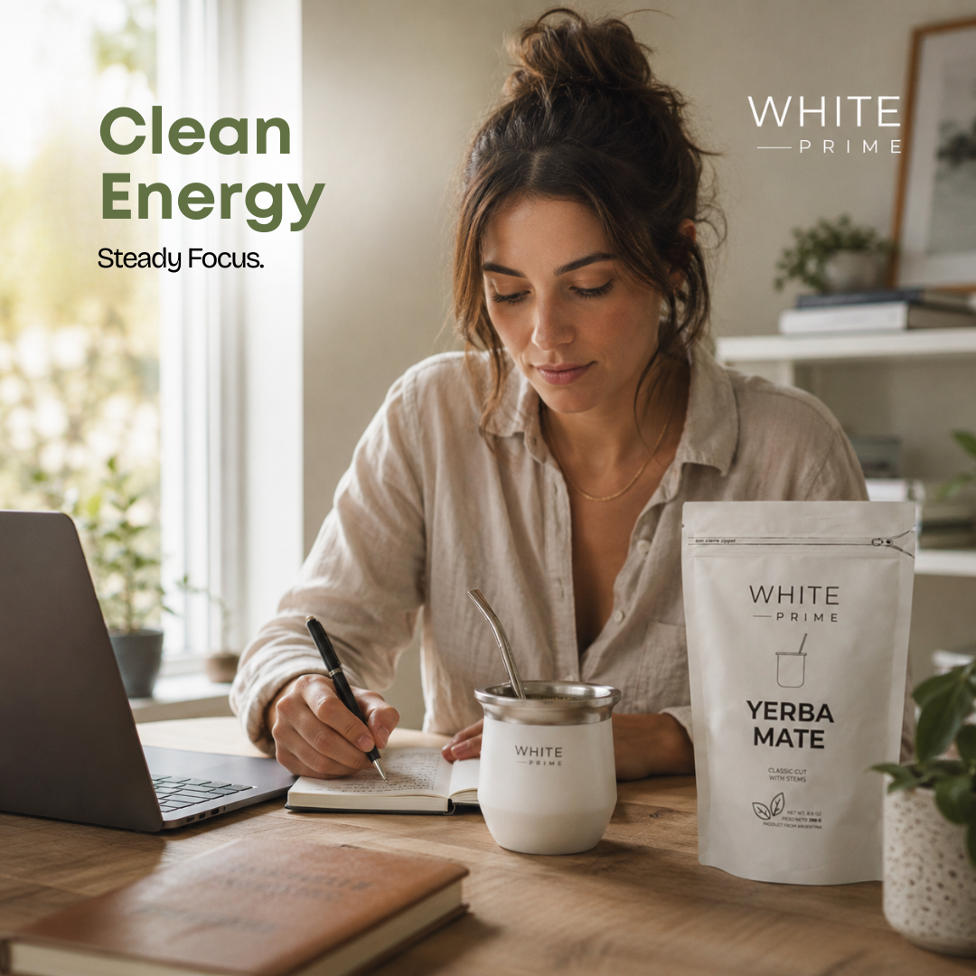 Woman drinking yerba mate with WHITE Prime insulated mate cup for steady natural energy