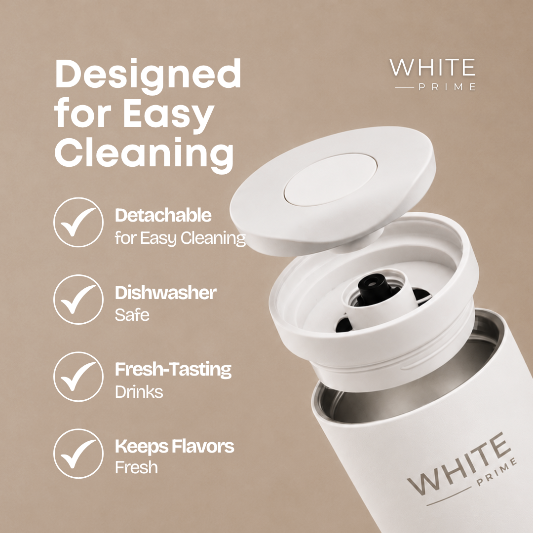 Infographic showing easy cleaning features of the WHITE Prime coffee mug