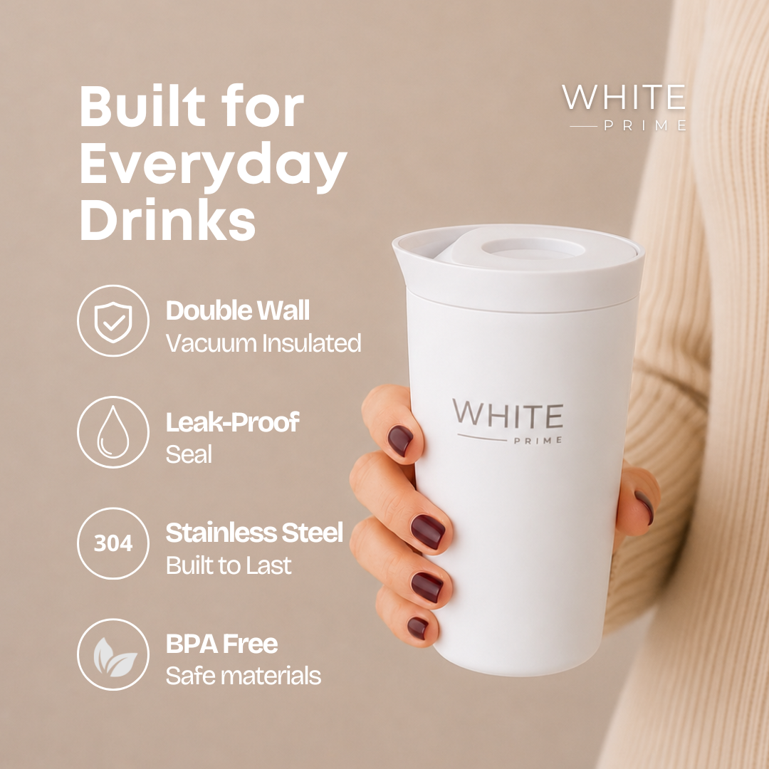 Infographic showing everyday drink features of the WHITE Prime coffee mug