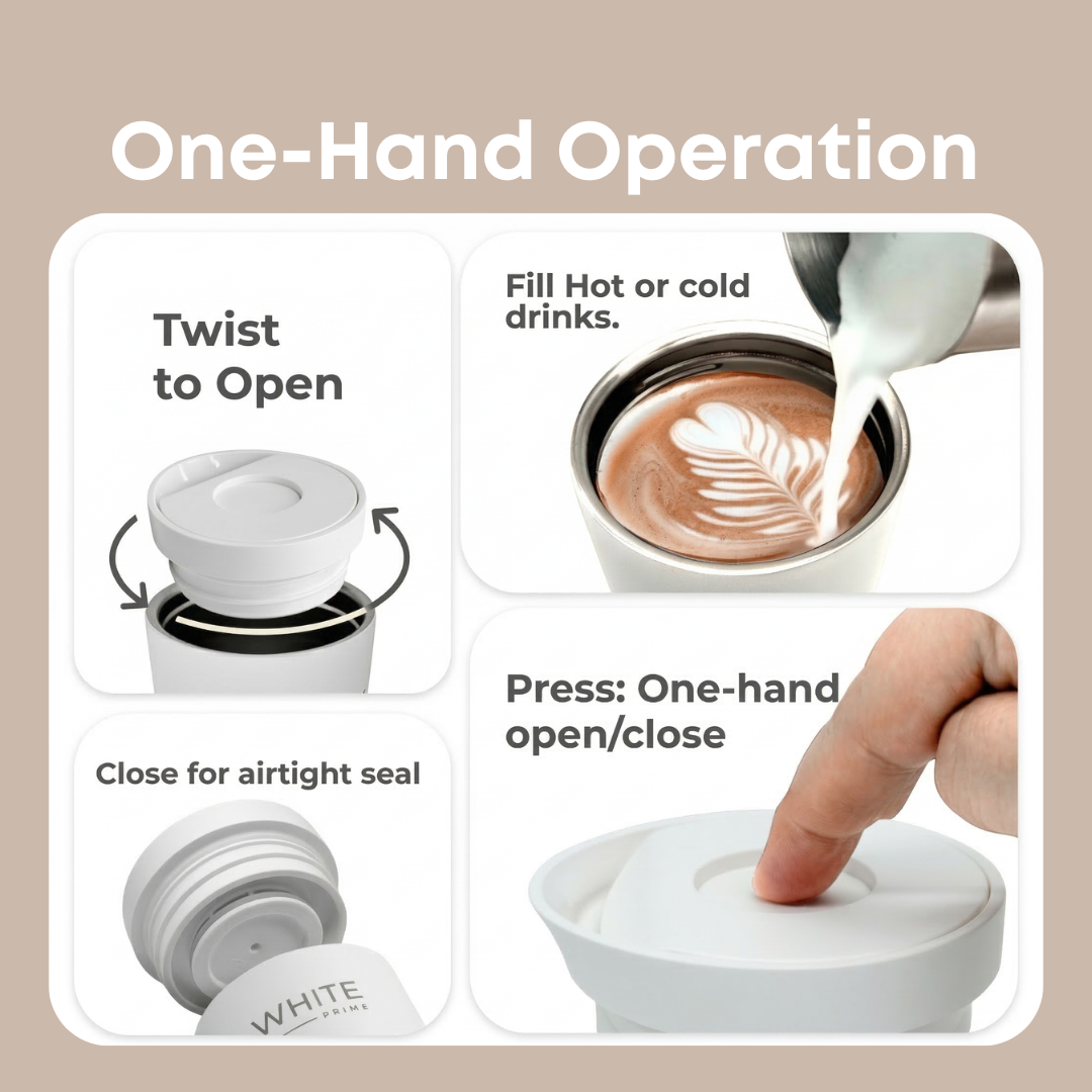 Close up showing the push button lid operation of the WHITE Prime coffee mug