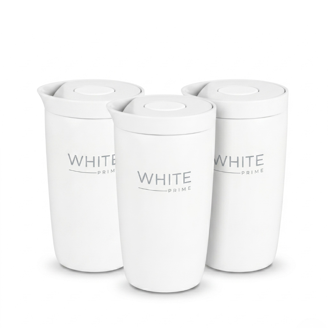 Multiple WHITE Prime 12 oz insulated stainless steel coffee mugs