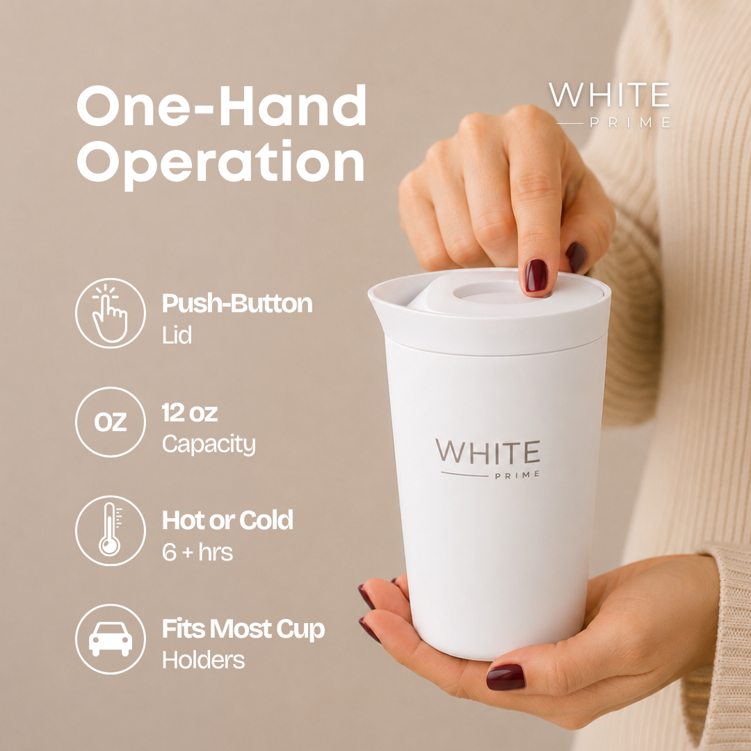 Infographic showing one hand operation of the WHITE Prime coffee mug