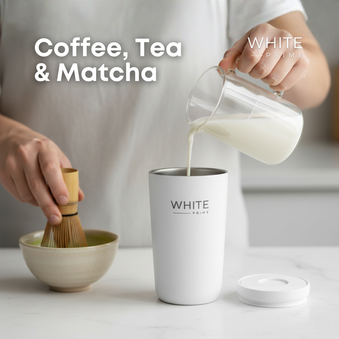 WHITE Prime insulated coffee mug used for coffee tea and matcha drinks