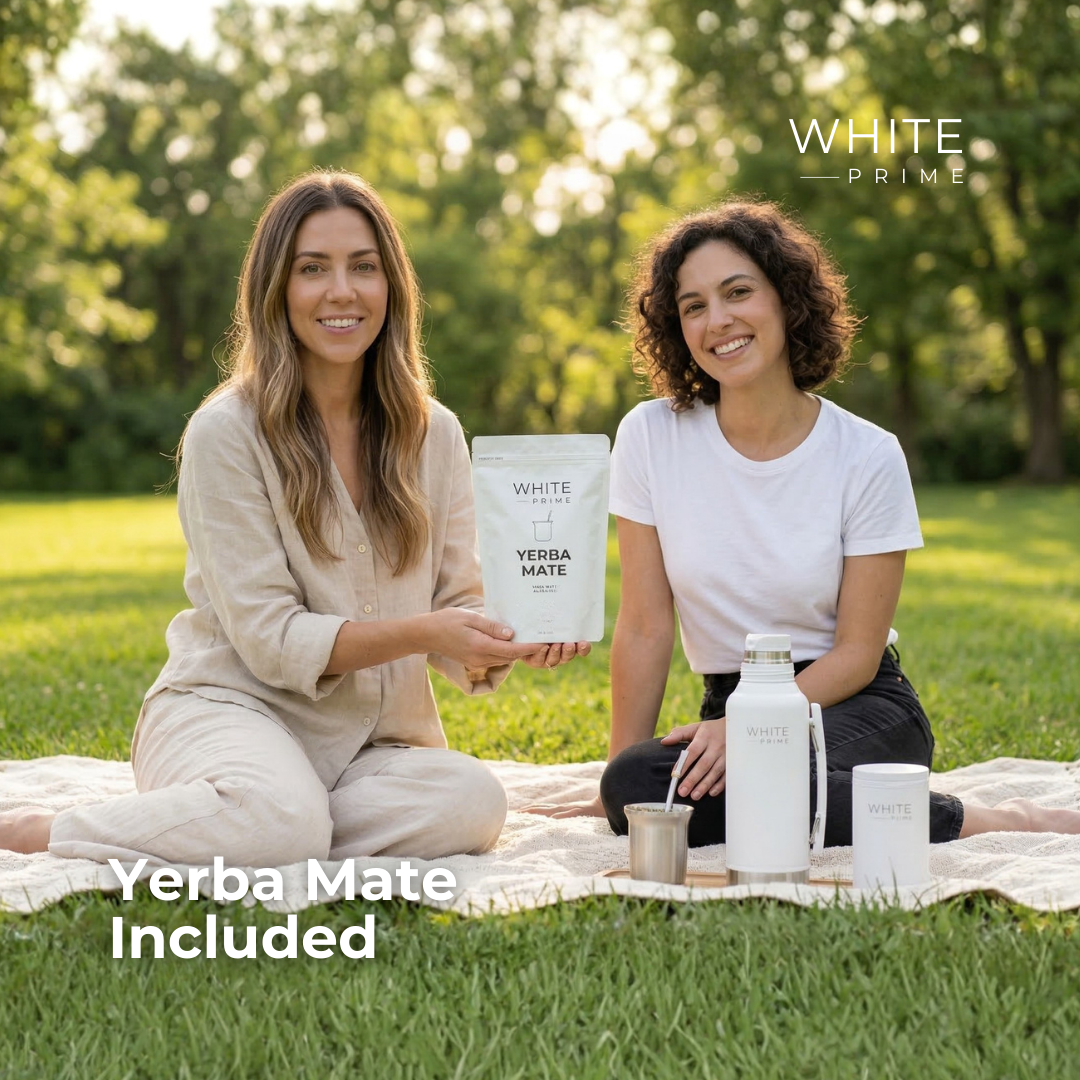 Friends enjoying yerba mate outdoors with the WHITE Prime Complete Yerba Mate Kit To Go