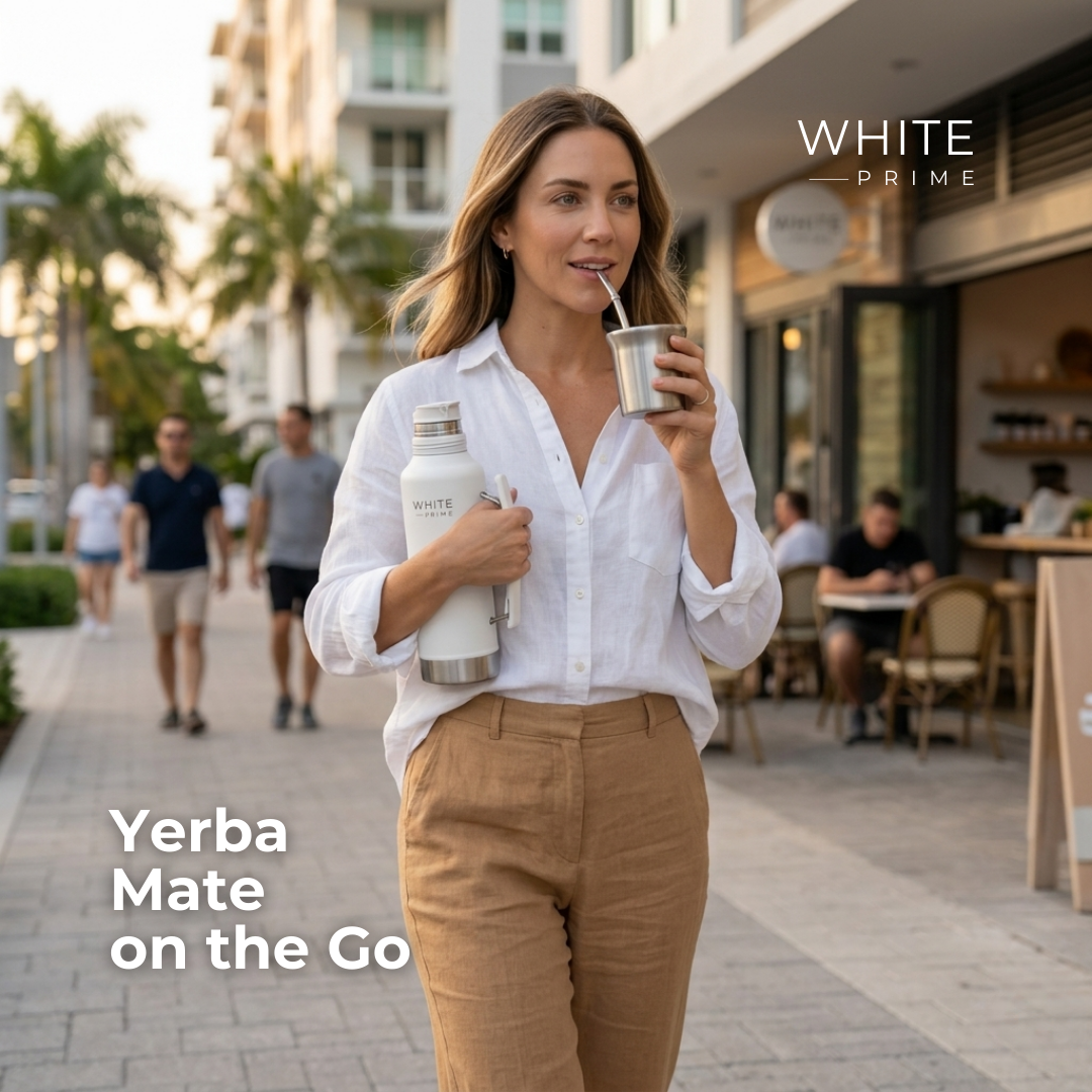Woman using the WHITE Prime Complete Yerba Mate Kit To Go outdoors