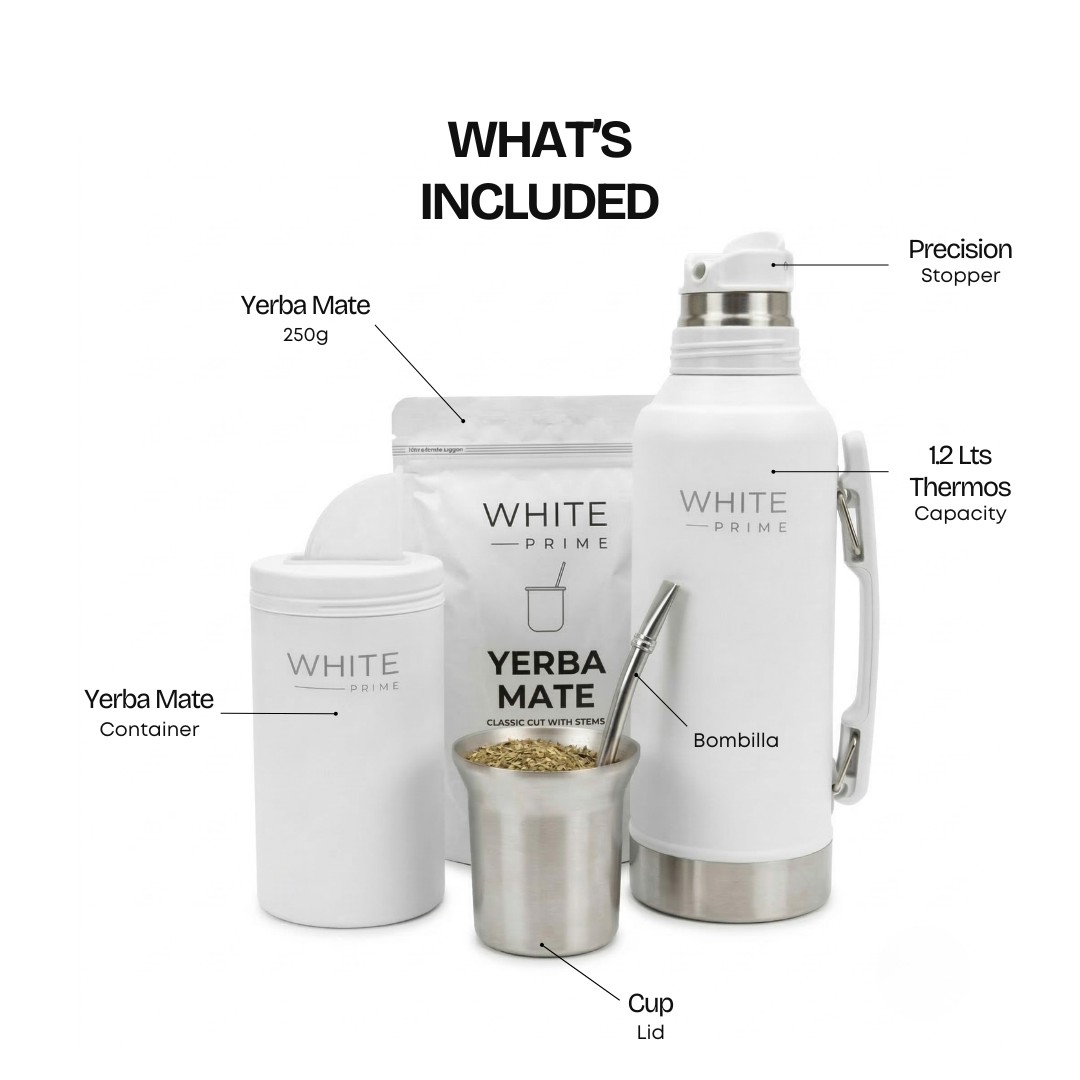 Diagram showing everything included in the WHITE Prime Complete Yerba Mate Kit To Go