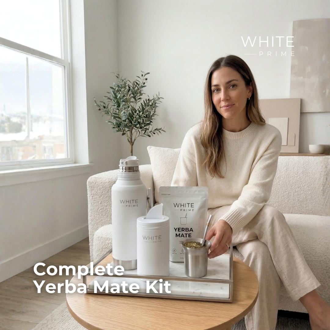 Woman enjoying yerba mate at home with the WHITE Prime Complete Yerba Mate Kit To Go