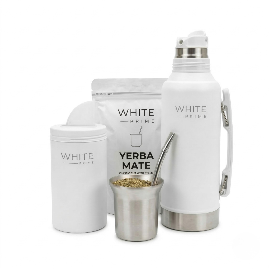 WHITE Prime Complete Yerba Mate Kit To Go with thermos mate cup bombilla and yerba mate