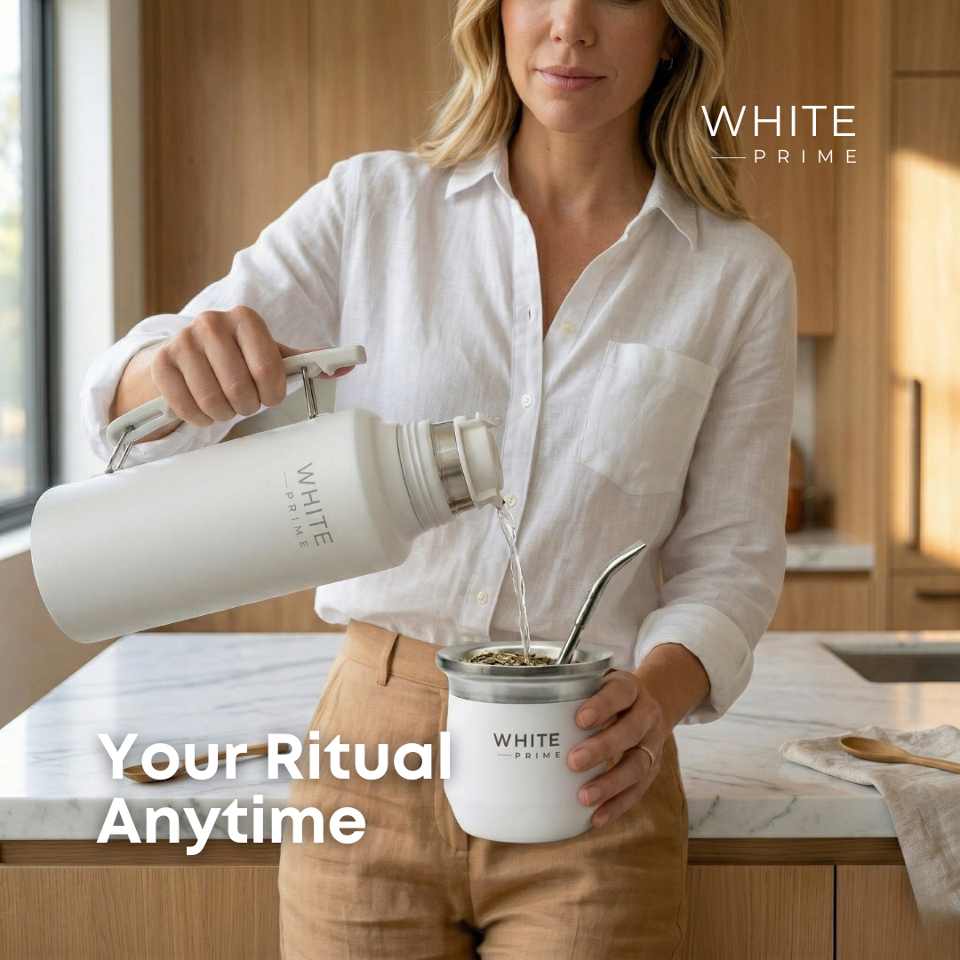 Woman enjoying yerba mate with WHITE Prime products during her daily routine