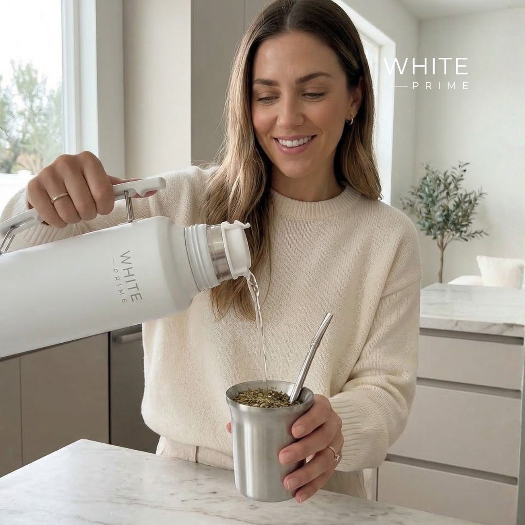 Woman enjoying yerba mate with WHITE Prime products during her daily routine