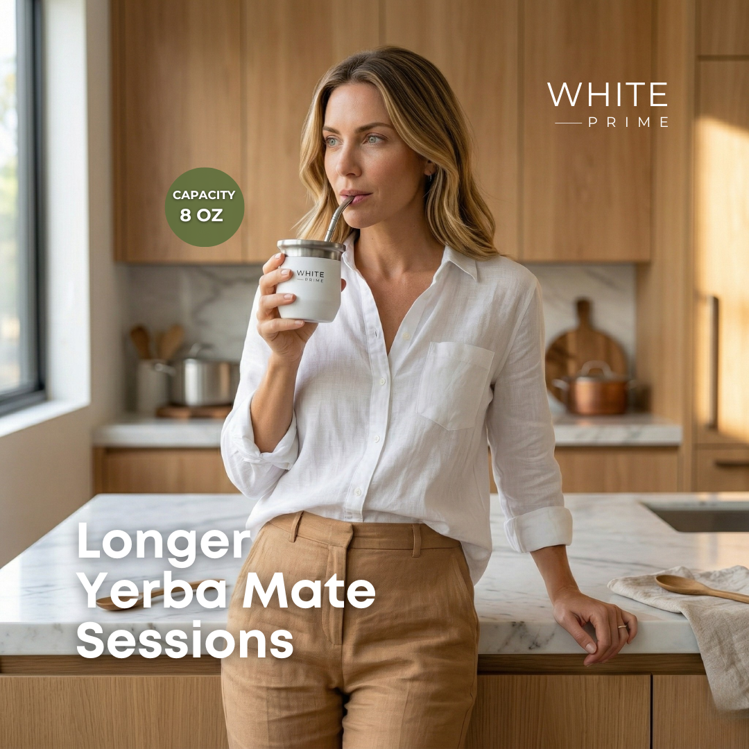 Woman enjoying yerba mate with the WHITE Prime stainless steel mate cup at home