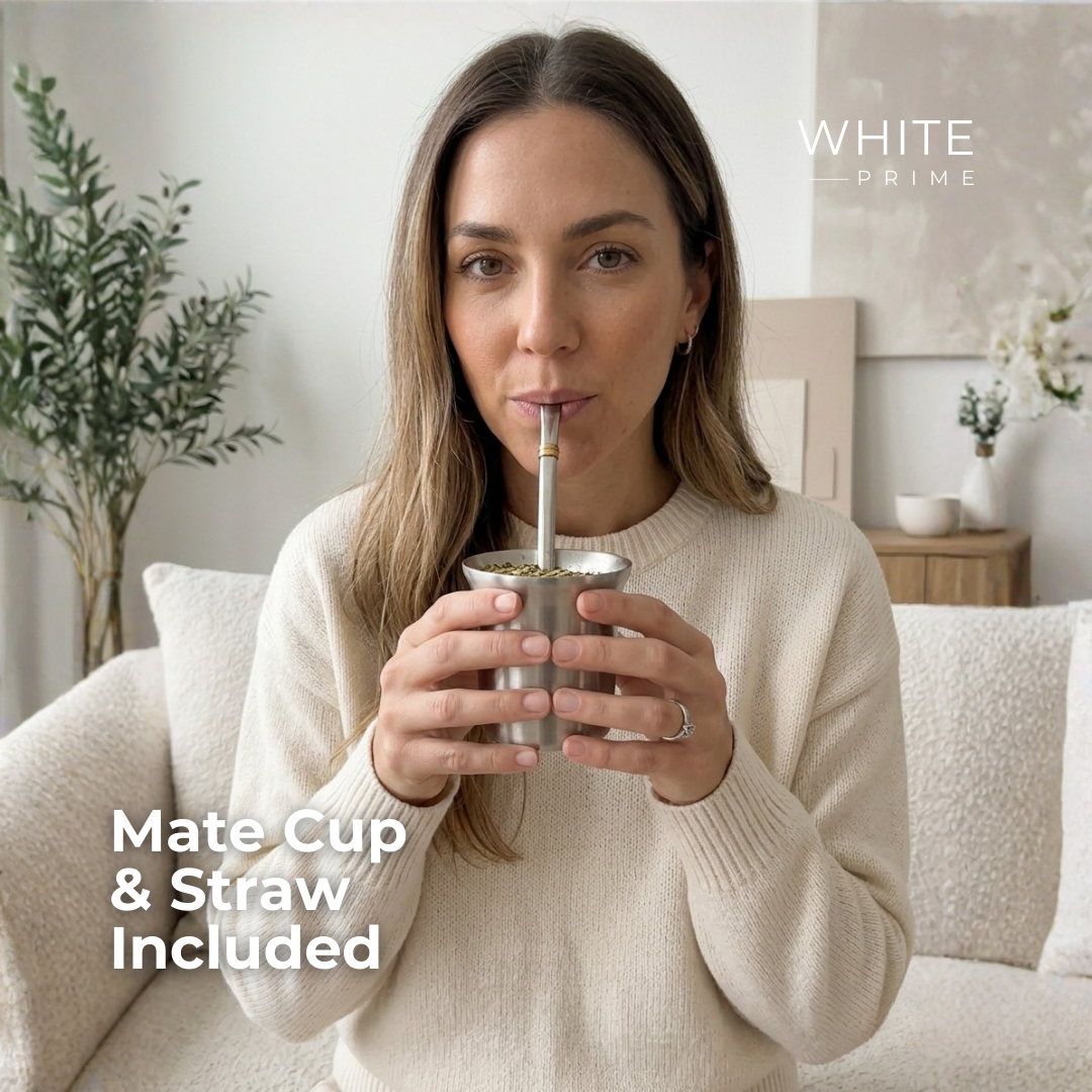Woman drinking yerba mate from the WHITE Prime stainless steel mate cup