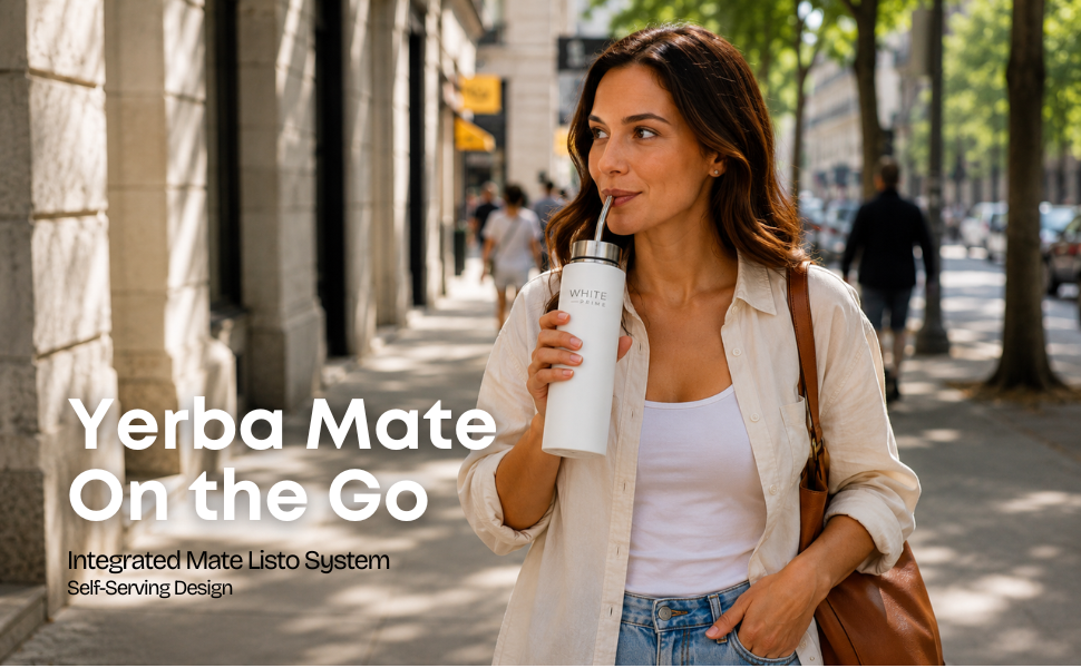 Woman drinking yerba mate on the go using the WHITE Prime Mate Listo insulated tumbler