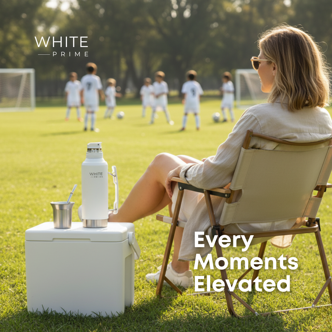 Outdoor lifestyle scene with WHITE Prime insulated products and yerba mate