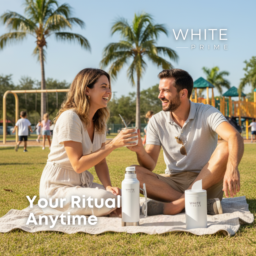 Friends enjoying yerba mate outdoors with WHITE Prime products
