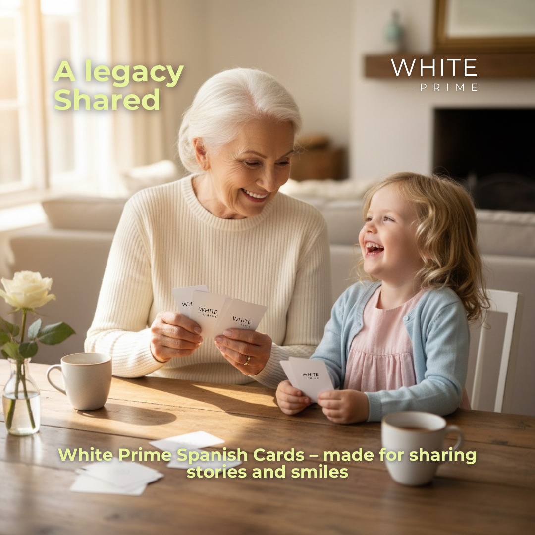 Family enjoying a casual game with WHITE Prime Spanish playing cards
