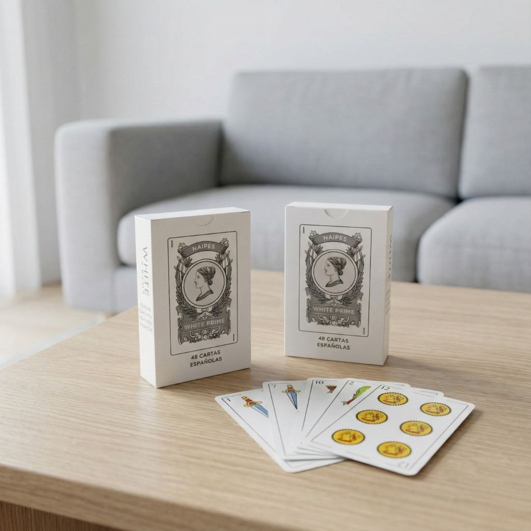 WHITE Prime Spanish playing cards displayed in a modern living room