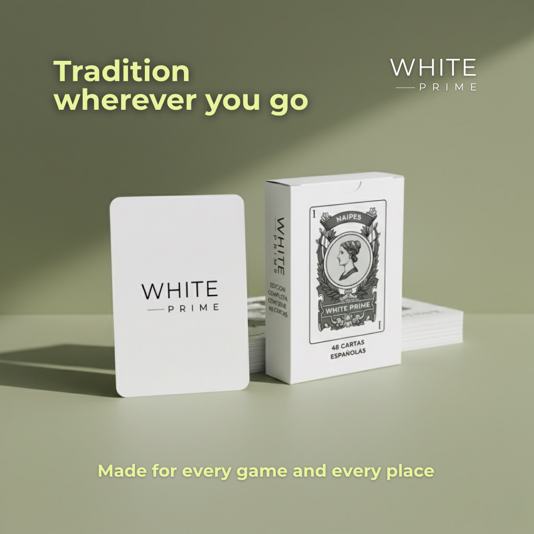 Minimalist WHITE Prime Spanish playing cards on a clean modern table
