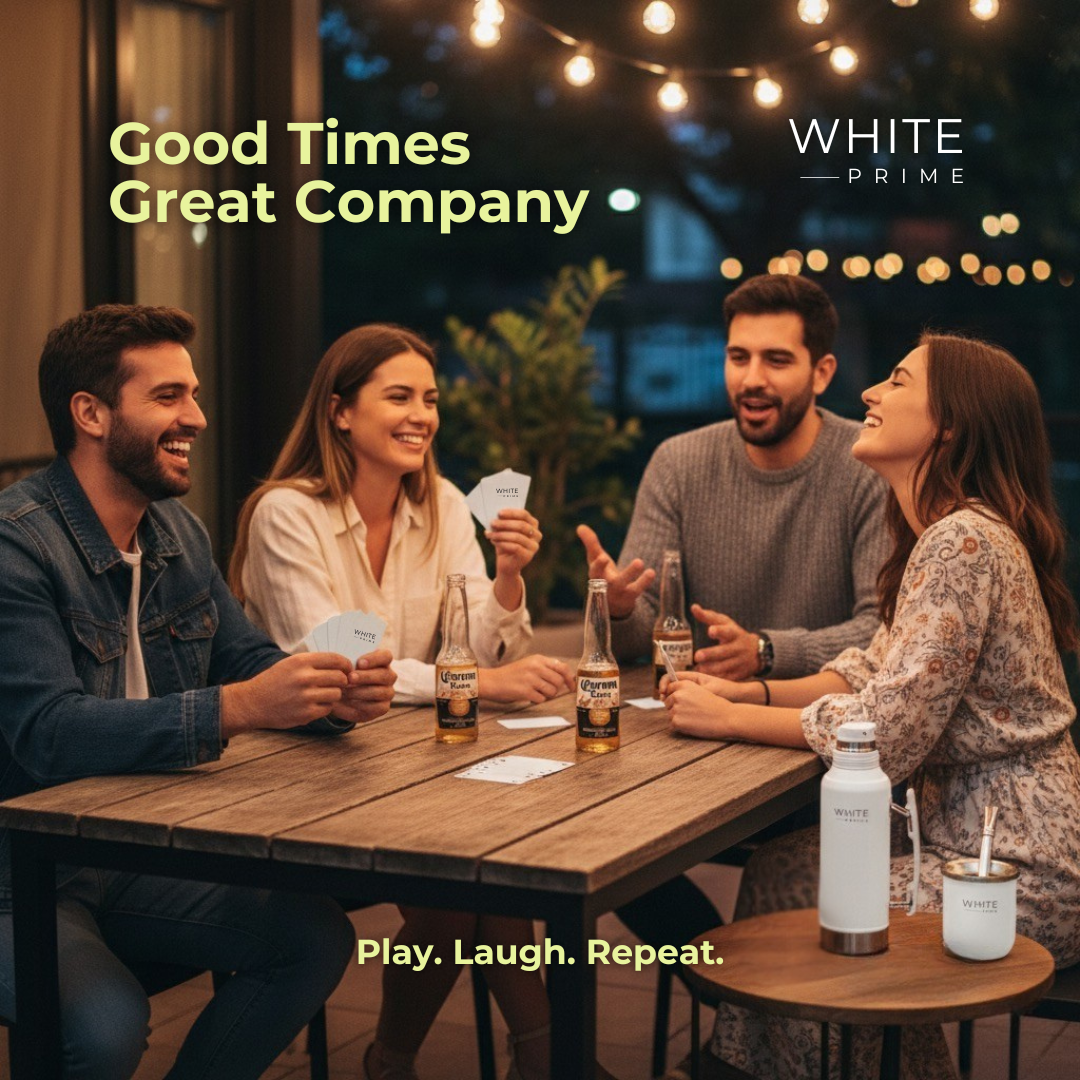 Friends playing cards at night with WHITE Prime Spanish playing cards