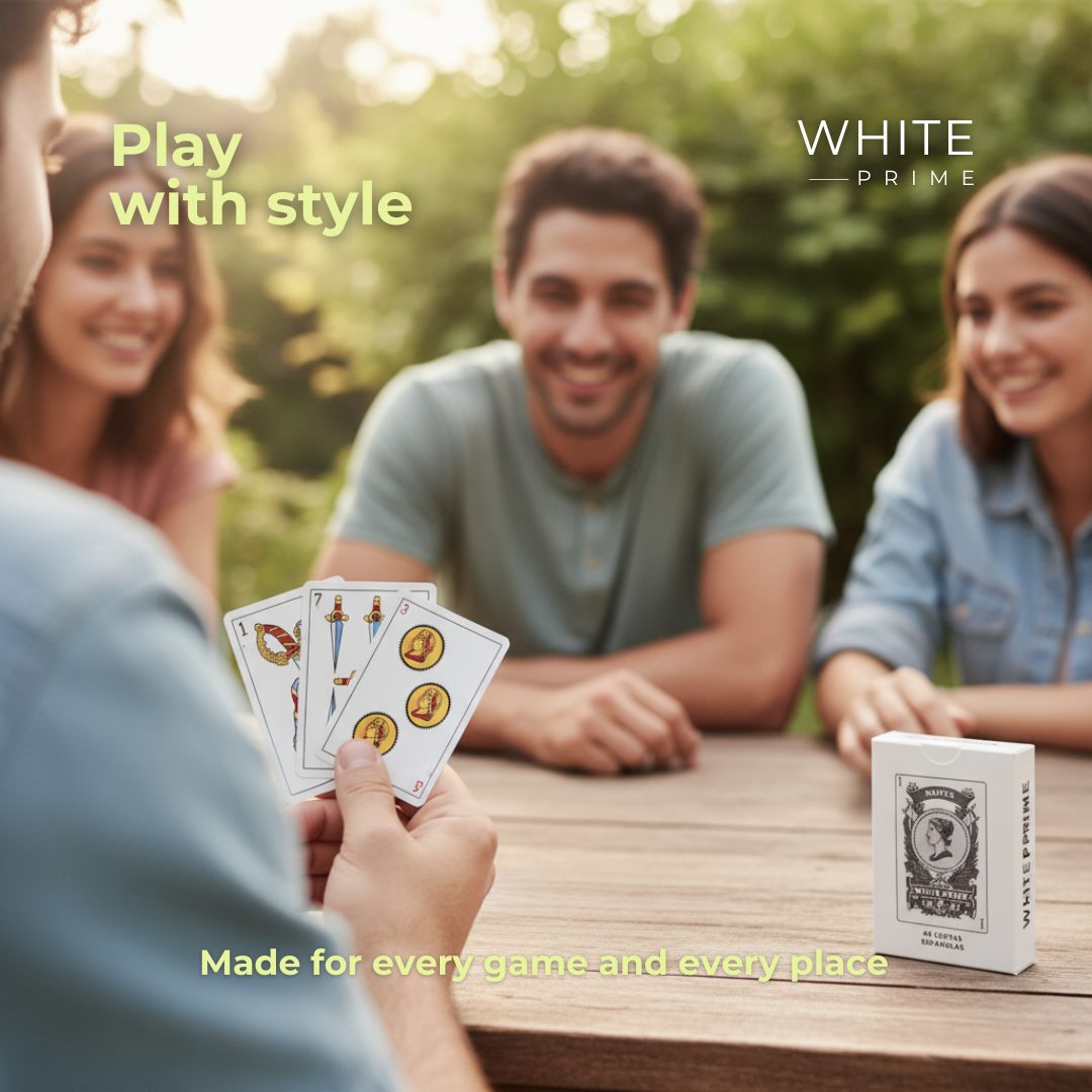 Friends playing with WHITE Prime Spanish playing cards outdoors
