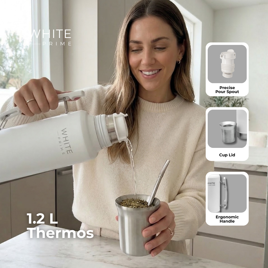 Woman pouring hot water into yerba mate with the WHITE Prime thermos
