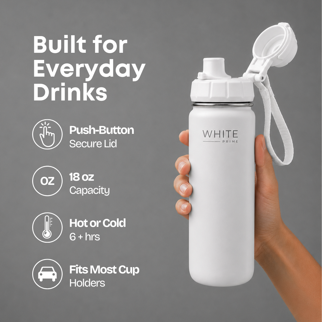 Infographic showing active lifestyle features of the WHITE Prime stainless steel water bottle