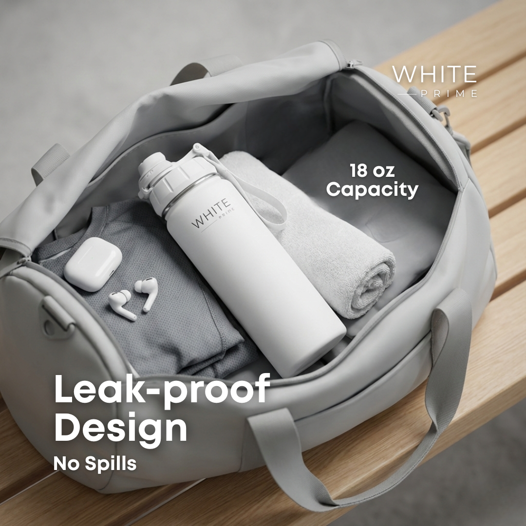 Close up showing the leak proof lid design of the WHITE Prime water bottle