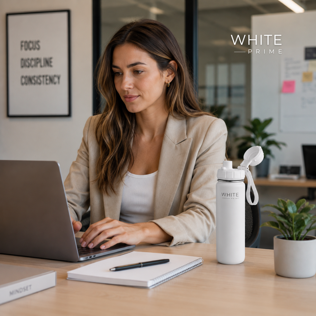 Woman working with the WHITE Prime insulated water bottle at her desk