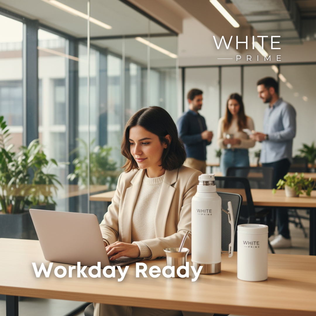 Woman using WHITE Prime yerba mate products during a workday routine