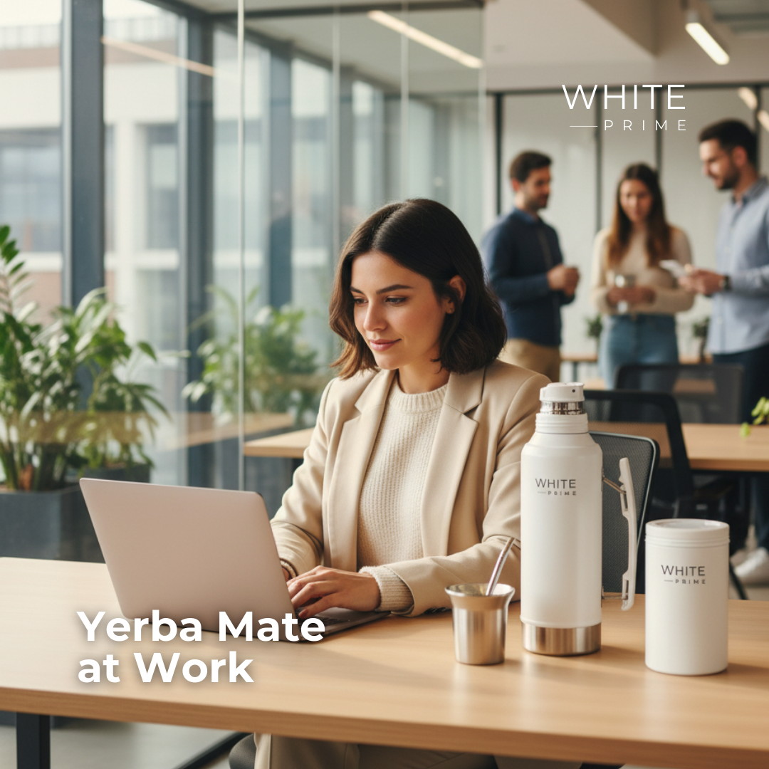 Woman using WHITE Prime yerba mate products during a workday routine