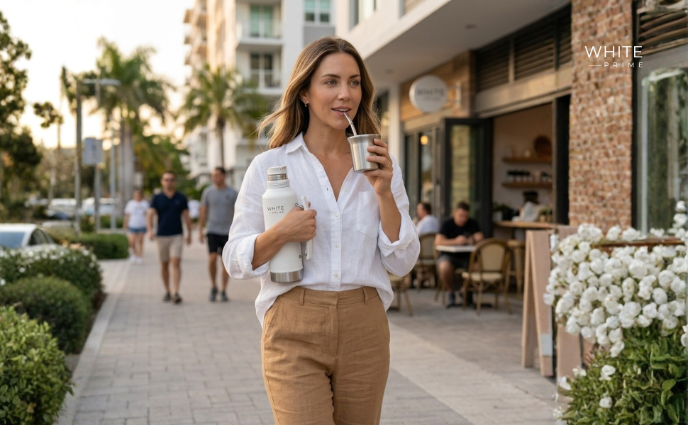 Woman walking in the city drinking yerba mate with a WHITE Prime insulated thermos and mate cup