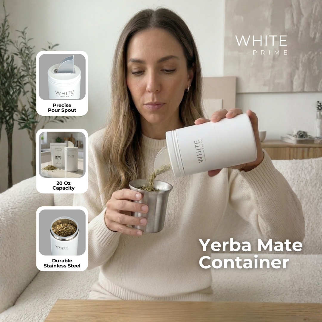 Woman pouring yerba mate using the WHITE Prime stainless steel yerba mate container