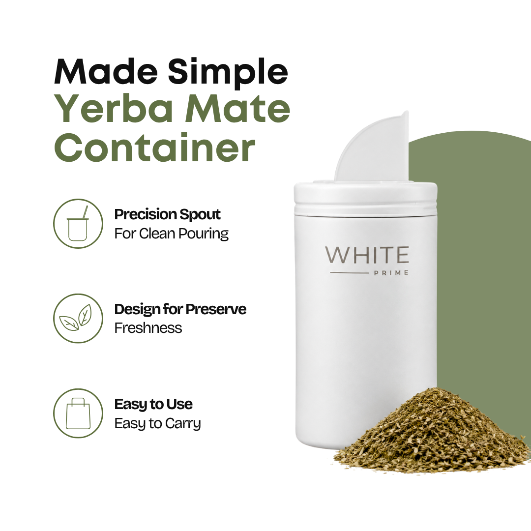 Infographic showing the WHITE Prime yerba mate container for clean everyday storage