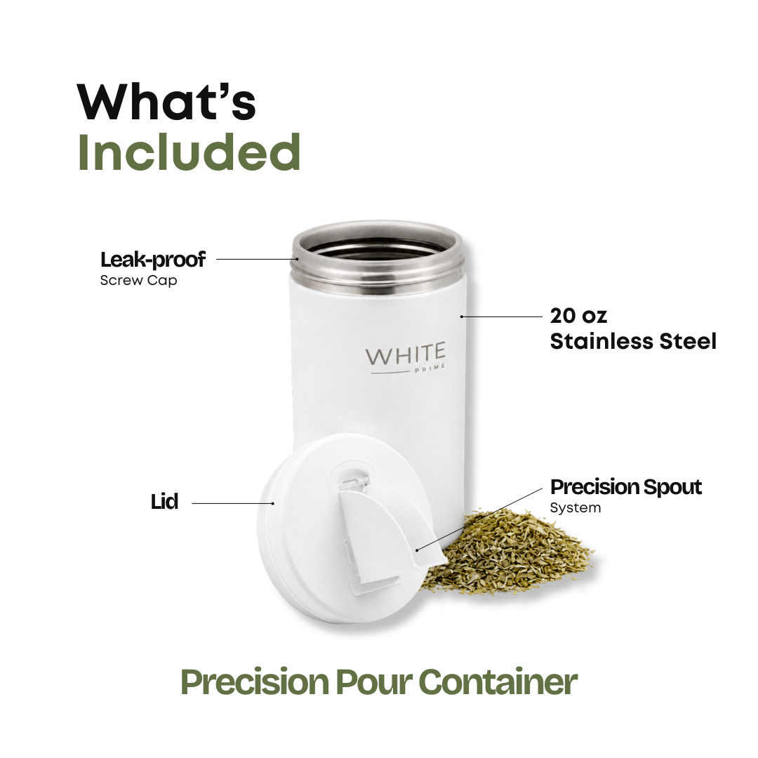 Diagram showing what is included with the WHITE Prime yerba mate container