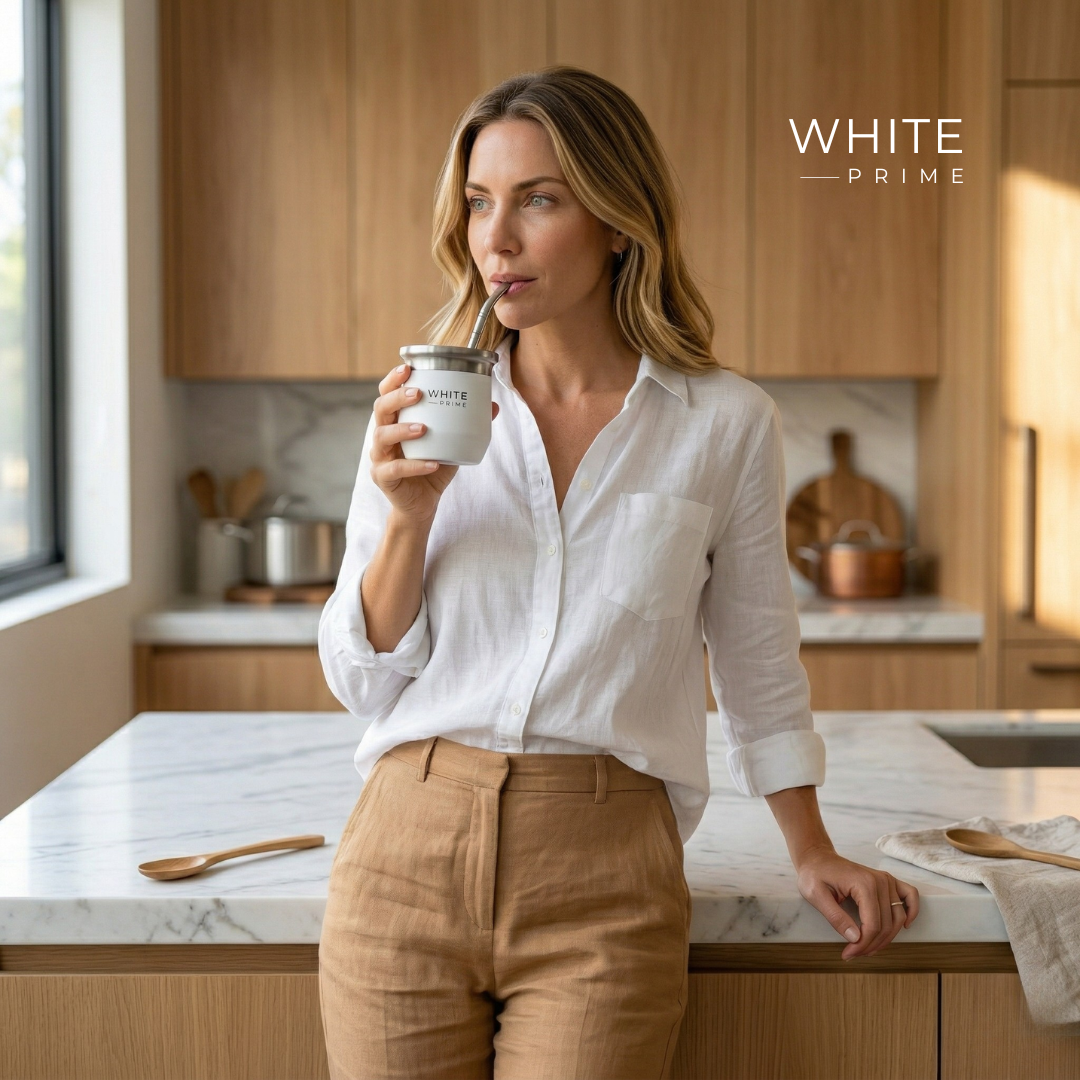 Woman drinking yerba mate from a WHITE Prime stainless steel mate cup in a kitchen