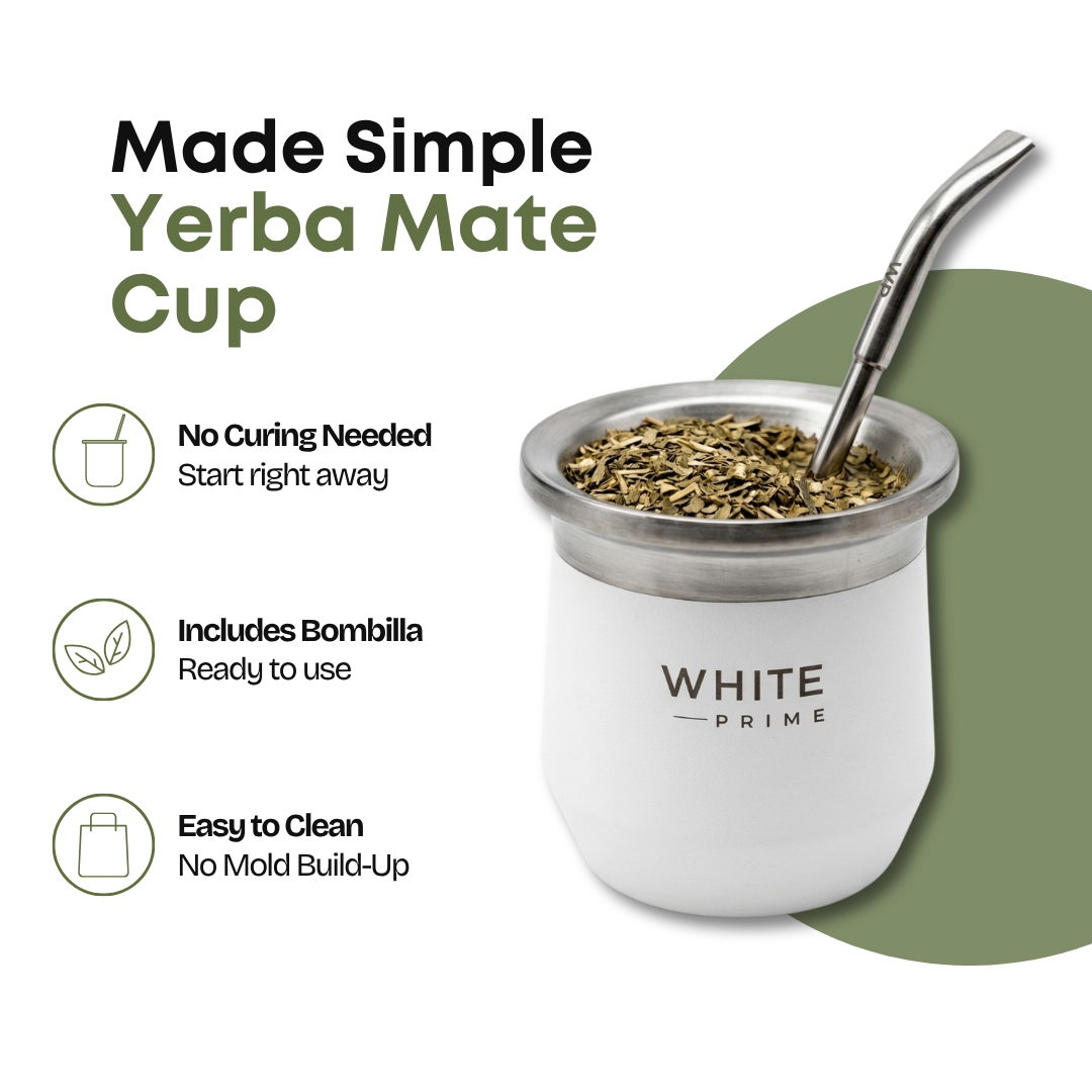 Infographic showing the WHITE Prime 8 oz yerba mate cup for simple everyday use